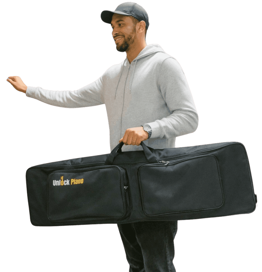 Teacher delivering a full-size digital piano to a home